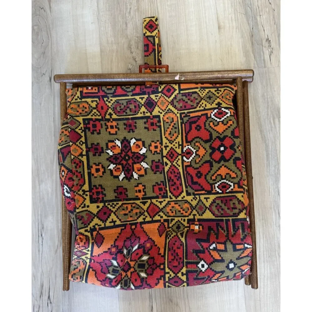 Vintage 1970s Folding Knitting Sewing Basket Wood Frame Kilim Boho 14